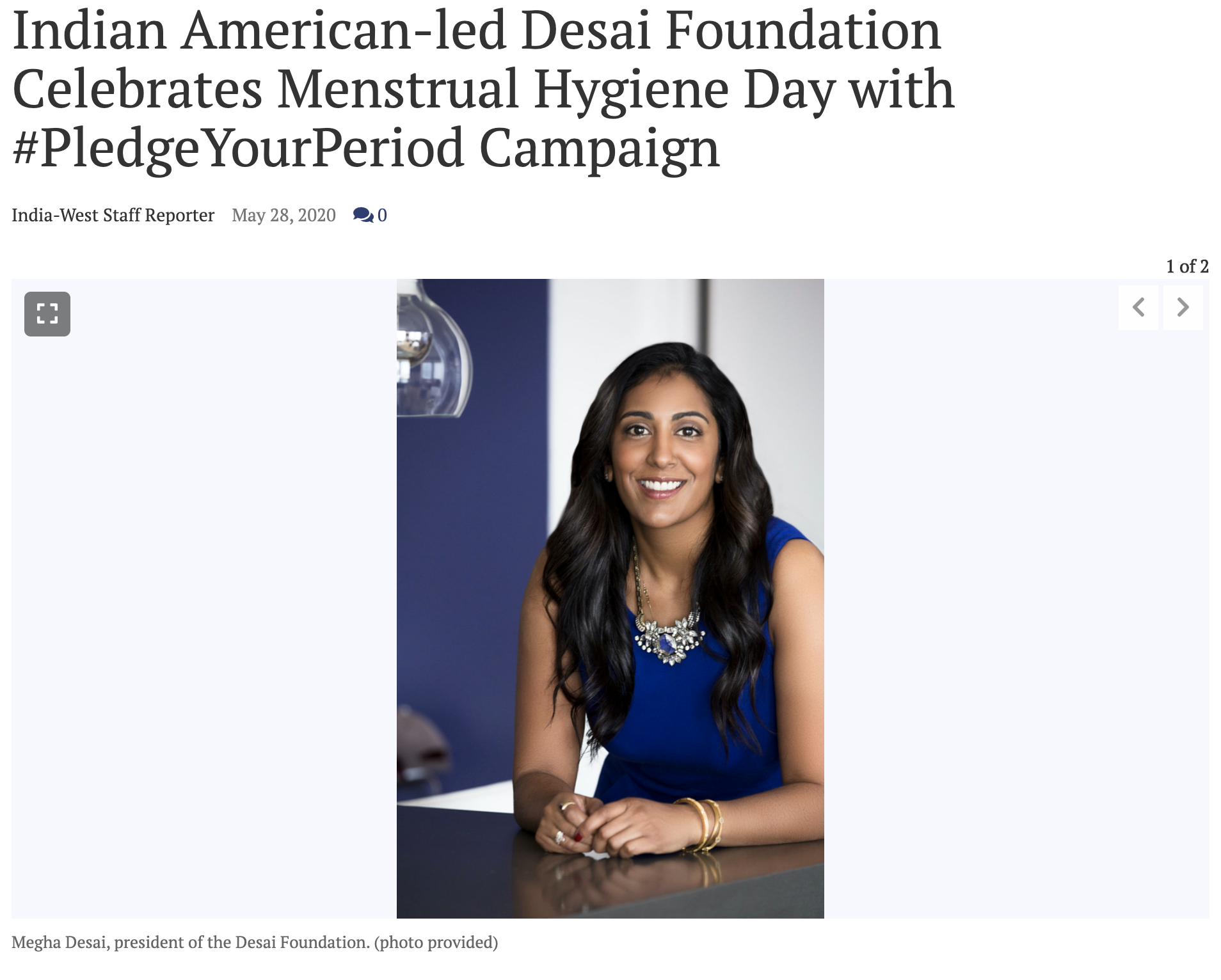 Indian American-led Desai Foundation Celebrates Menstrual Hygiene Day with #PledgeYourPeriod Campaign