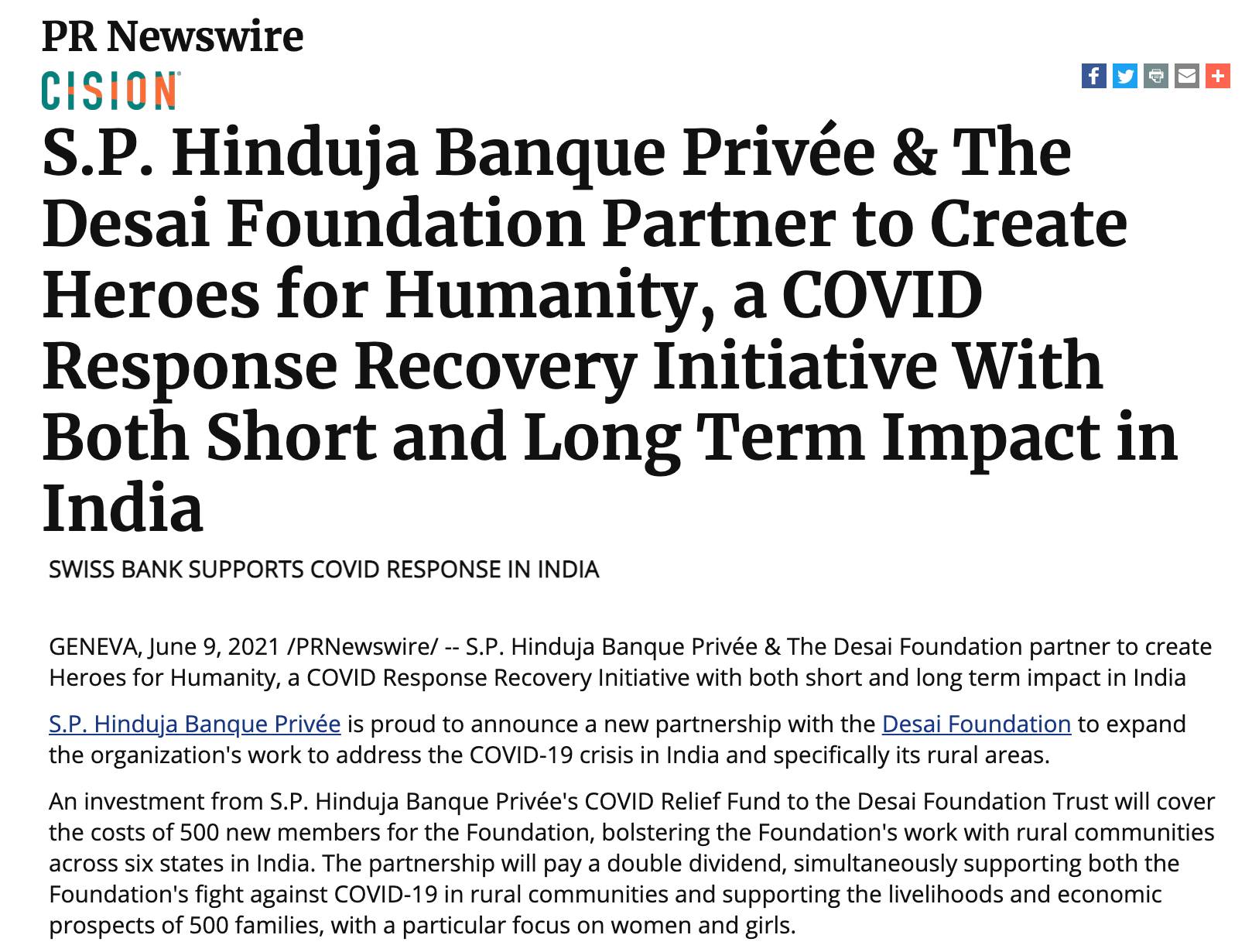 S.P. Hinduja Banque Privée & The Desai Foundation Partner to Create Heroes for Humanity, a COVID Response Recovery Initiative With Both Short and Long Term Impact in India