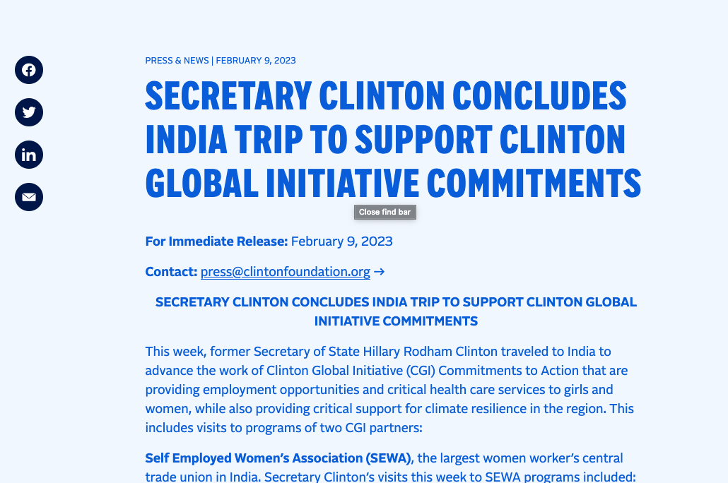 Secretary Clinton Concludes India Trip to Support Clinton Global Initiative Commitments
