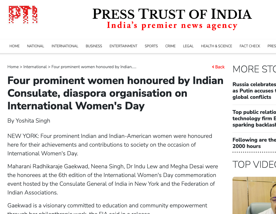 Four prominent women honoured by Indian Consulate, diaspora organisation on International Women’s Day